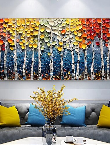  dipinto ad olio astratto e vibrante fatto a mano raffigurante una foresta di betulle autunnale, opera d'arte originale colorata e materica raffigurante un paesaggio di lusso, arte contemporanea per