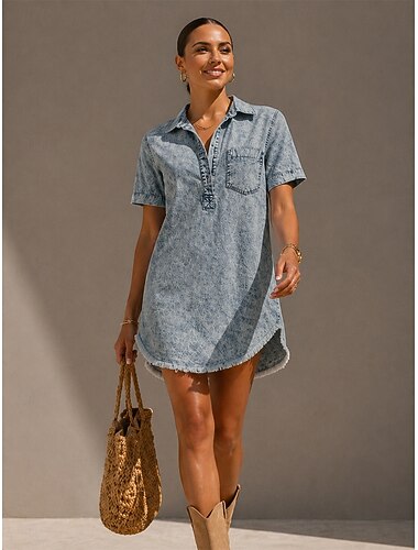  abito t-shirt da donna 90% cotone lunghezza al ginocchio lavato abito vintage casual maniche corte camicia colletto blu nero rosa estate primavera