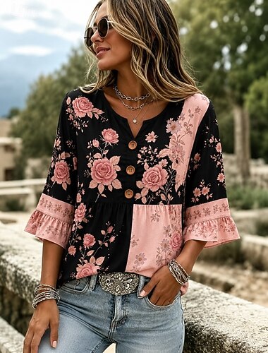  Dames Overhemd Lapwerk Knop Afdrukken Ombre Bloemig Grafisch Vintage Stijlvol Lange mouw V-hals Normale tops Casual Dagelijks Feestdagen Zwart Zomer Lente