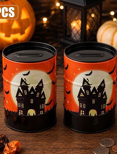  Halloween-myntboks, blikkboks, hjemsøkt hus- og slottssparebøsse, sparebøsse i metall for barn &voksne, dekorativ jack o' lanterne myntkrukke, halloween-gave og borddekor