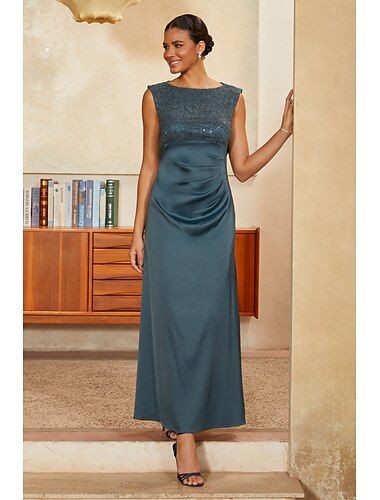  Femmes Ligne A Robe de Cocktail Robe d'invité de mariage Longueur cheville Col Bateau Sans manches Taille empire Élégant ancien La mère de la mariée Semi-Formel avec Satin Dentelle à paillettes