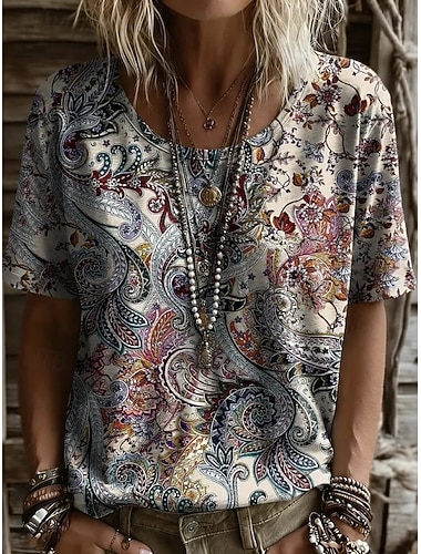  Dames T-shirt Afdrukken Grafisch Paisley Mandala Stijlvol Klassiek Casual Korte mouw V-hals Normale tops Casual Dagelijks Paarsblauw Licht Bruin Paars Zomer Lente