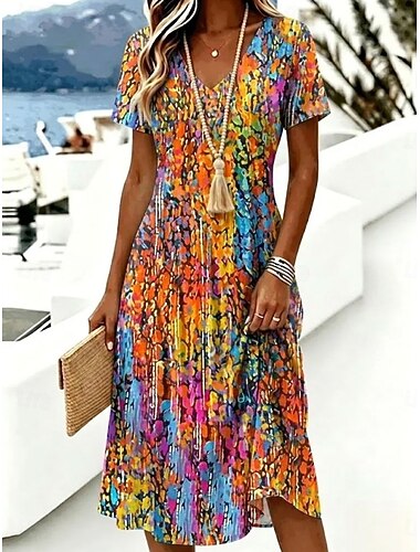  Damen Knielanges Kleid T-Shirt-Kleid A Linie Kleid Urlaub Lässig Boho Strand Normale Passform Blumen Grafik Kurzarm V Ausschnitt Blau Orange Grün Sommer Frühling