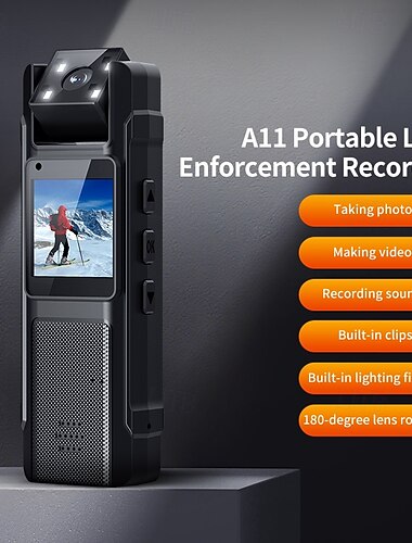  Caméra corporelle avec objectif rotatif à 180° et écran LCD, mini enregistreur vidéo portable HD 1080p avec vision nocturne LED, caméra de sécurité portable à clipser pour les forces de l'ordre, le