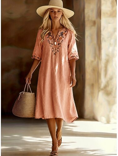 Per donna Abito Midi Abiti effetto lino Vestito Casual Elegante Moda Moderno All'aperto Vacanza Uscire Vestibilità regolare Floreale Mezza Manica Scollo a V Rosa Estate Primavera