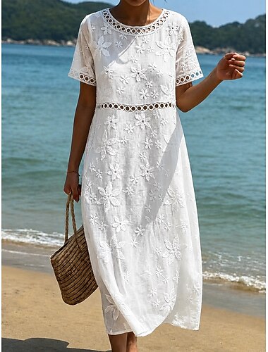 Mulheres Vestido midi Vestido de renda Vestido branco Vestido de verão Elegante Moda Praia Férias Feriado Normal Floral Manga Curta Gola Redonda Branco Verão Primavera