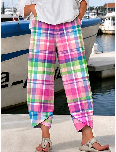  Dames Breed Been broek Cropped broeken Vakantie Vintage Etnische stijl Volledige lengte Hoge taille Grafisch Ruitjes Meetkundig Trekkoord Lapwerk Elastische tailleband Comfortabel Comfort Ademend