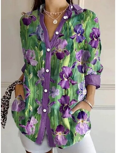  Dame Skjorte Skjorte med knapp ned Uformell skjorte Knapper Trykt mønster Nyanse Blomstret Grafisk Daglig Stilfull Fritid Langermet Skjortekrage Lange topper Avslappet Daglig Ferie Lilla Oransje