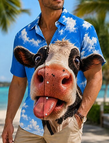  Voor heren dier Koeien Overhemd Zomer overhemd Korte mouw Grappig Dagelijks Buiten Strandvakantie Zomer Lente Strijkijzer 3D-afdrukken Voorste zak Overhemden met knoopjes blauw Blauw 2# Blauw 1#