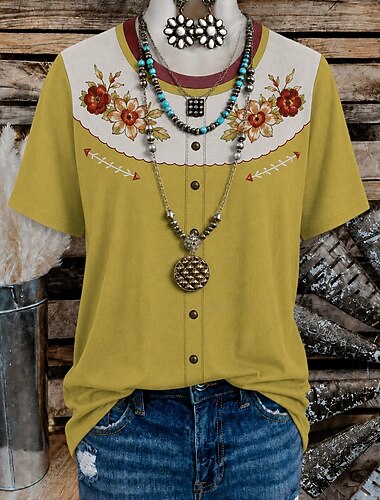  Dames western boho T-shirt met bloemenprint, geometrische vormen, vintage stijl, casual, korte mouwen, V-hals, ronde hals, lange top, casual, dagelijks, weekend, zwart, geel, rood, zomer, lente,