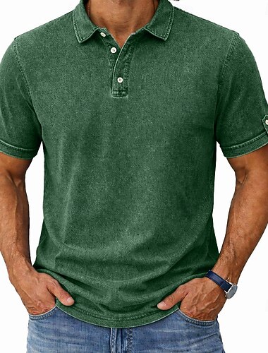 SoftFade™ Polo Shirt da Uomo 100% Cotone Camicia Acid Wash Casual per le Vacanze Collo a Capsa Maniche Corte Moda Base Semplice Testurizzata Bottoni Vintage Estate Primavera Blu Verde Kaki Grigio