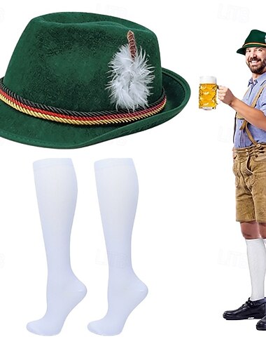  Oktoberfest Chapeau Tyrolien Chapeau alpin Chaussettes avec Plume Bavarois Allemand Munich Prairies Homme Carnaval Fête de la Bière Tissu de style traditionnel