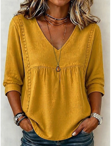  Mulheres Camisa Social Côr Sólida Tecido Boêmia Férias Vintage Decote V Tops longos Casual Azul Cáqui Preto Branco Amarelo Verão Primavera