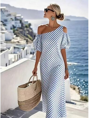  Damen Maxikleid Sommerkleid Etui-Kleid Schulterfreies Kleid Urlaub Party Lässig Laternenärmel Strand Party Hochzeit Gestreift Kurzarm Kalter Schulter-Ausschnitt Blau Rote Grün Sommer Frühling Herbst