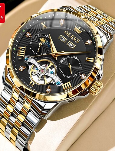  Montre automatique pour homme Olevs, luxe bicolore or et argent, acier inoxydable, mécanique à remontage automatique, multifonctions, squelette, cœur ouvert, phase de lune, année, mois, date, étanche,