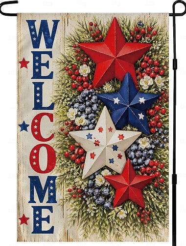  2 st 4 juli-dekorationer - patriotiska stjärnor välkomnande trädgårdsflagga dubbelsidig fjärde juli-tillbehör patriotisk banderoll 250-årsjubileum USA-produkter för trädgård gård veranda uteplats