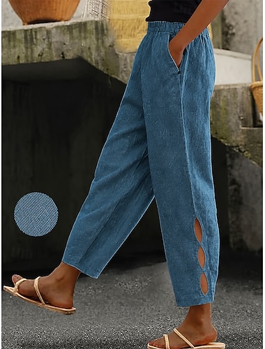  Mujer Vaqueros chino Hasta el Tobillo Cintura Media Color sólido Bolsillo Agujero Confortable Rígido Vacaciones Casual Diario Negro Azul Marino Oscuro Azul cielo Otoño Holgado