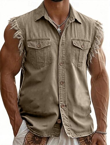  Camisa masculina Softfade™, camisa casual, camisa cargo, camisa jeans, camisa com lavagem ácida, tingida em preto, roxo, cáqui, cinza, azul claro, camisa lisa de manga curta com gola, casual, para uso
