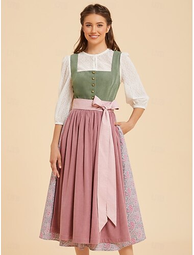  Oktoberfest Dirndl Vestido Dirndl Comprimento Midi Com bolsos Decote Balconette Empregada Bávaro Alemão Alpino prados Mulheres Carnaval Festival da Cerveja Pano de Estilo Tradicional Sem Blusa (75CM)