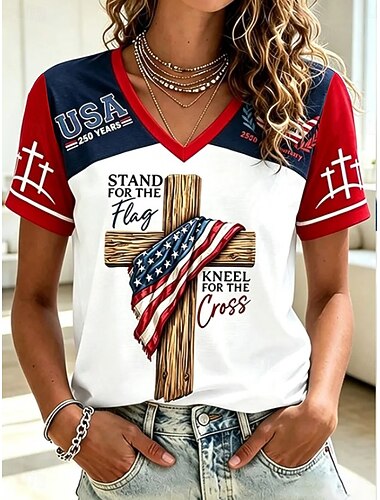  Amerikanska självständighetsdagen Dam T-shirt Mönster Grafisk Flagga Bokstav Vintage Stylish Klassisk Kortärmad V-hals Vanliga toppar Ledigt Dagligen Vit Svart Rubinrött Grå Sommar Vår