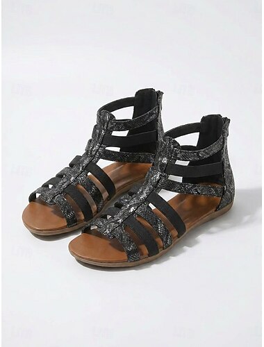  Dame boho gladiatorsandaler - sorte metalliske flade sko med slangeprint til resortbrug og sommerferie