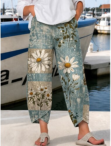  Damen Stoffhosen Hosen Hose Abgeschnittene Hose Urlaub Vintage Ethno-Stil Knöchellang Hohe Taille Blumen Grafik Elastischer Bund Bequem Atmungsaktivität Weich Unelastisch Täglich Outdoor Urlaub Wei
