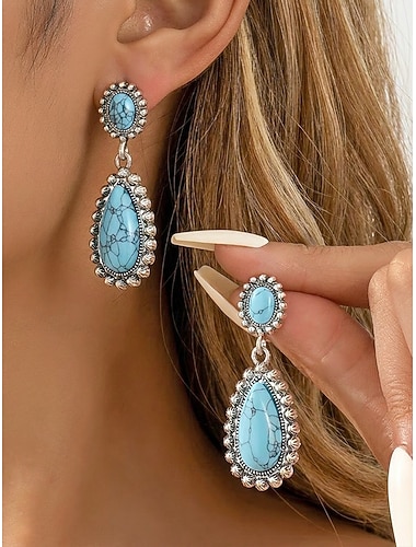  Pendientes bohemios de turquesa en forma de lágrima para mujer, pendientes colgantes de aleación vintage, joyería llamativa del suroeste americano, regalo de moda de verano para ella.