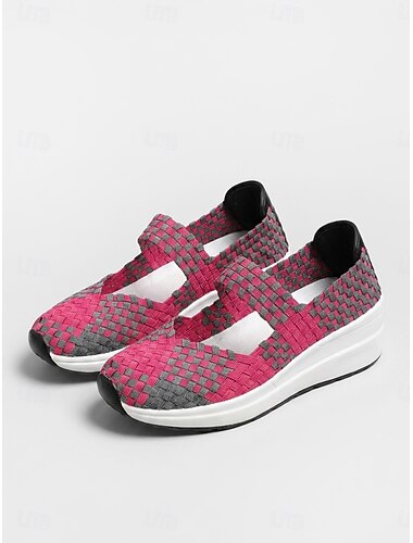  Women's Rose Pink Stretch Woven Walking Sneakers – Lightweight Slip-On Wedge Shoes with Elastic Cross-Strap Design & Breathable Knit Upper for Travel, Shopping, Walking and Everyday Wear