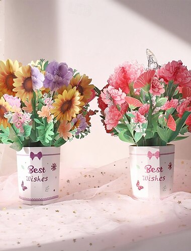  Set van 2 wenskaarten met 3D pop-up bloemenboeket en zonnebloemen &Papieren anjers in een potje, perfect voor Moederdag, verjaardag, jubileum, beterschapswensen of als handgemaakt cadeau voor vrouwen,