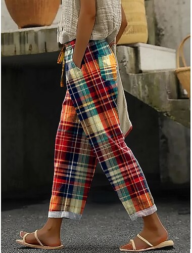  Damen Chinos Freizeithose Urlaub Vintage Lässig Volle Länge Mittlere Taillenlinie Grafik Karomuster Geometrisches Muster Kordelzug Patchwork Tasche Komfort Weich Außenbereich Unelastisch Lässig