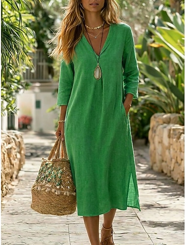  Dames Halflange jurk Linnen jurken Casual Dagelijks Ruim Passend Heldere kleur 3/4 mouw V-hals blauw Geel Groen Herfst