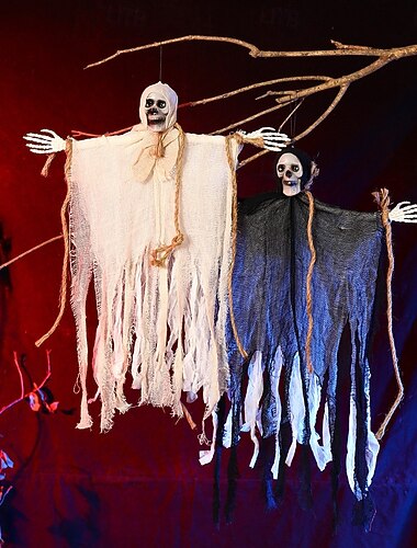  Lot de 2 décorations suspendues pour Halloween : squelettes fantômes de 76 cm avec gaze effrayante, décorations terrifiantes pour maison hantée, idéales pour une fête d'Halloween, porche, jardin,