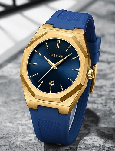  Luxuriöse Herrenuhr mit achteckigem Goldgehäuse, blauem Zifferblatt, analogem Quarzwerk, wasserdicht, sportlich, mit blauem Silikonarmband, modischer Business-Casual-Uhr mit Datumsanzeige – ein