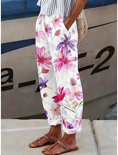  Dames Broek met linnenlook Breed Been Vrijetijdsbroek Zomerbroek Vakantie Modieus Streetwear Enkellengte Medium Taille Bloemig Grafisch Zak Elastische taille Afdrukken Comfortabel Comfort Ademend