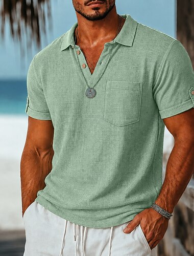  Homens Camisa de linho Camisas Polo Casual Férias Clássico Manga Curta Moda Côr Sólida Botões Respirável Verão Primavera Normal Azul Branco Preto Azul Marinha Marron Verde Camisa de linho