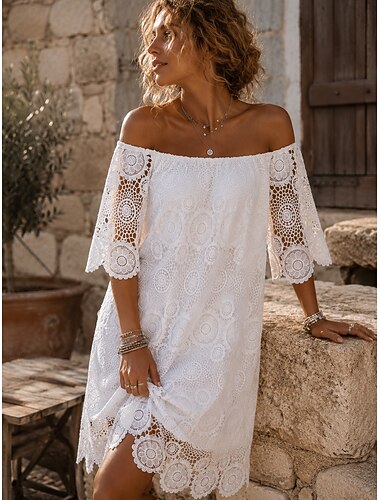  Dames Knielengte jurk Kanten jurk Elegant Vakantie Normale pasvorm Heldere kleur Halve mouw Schouderafhangend Wit Zomer Lente