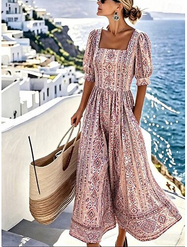  Dames Halflange jurk A lijn jurk Vakantie Casual Boho Strand Feestdagen Normale pasvorm Bloemig Grafisch Geometrisch Korte mouw Strakke ronde hals blauw Donker Rood Blozend Roze Zomer Lente