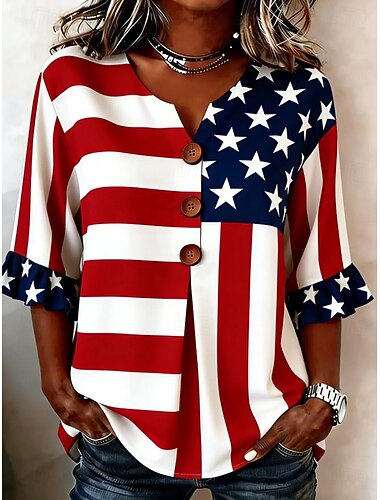  Amerikanischer Unabhängigkeitstag Damen Hemd Knöpfe Druck Grafik Flagge Stern Vintage Stilvoll Dreiviertelarm V Ausschnitt Normale Oberteile Lässig Täglich Ferien Wedgewood Rote Beige Sommer Frühling