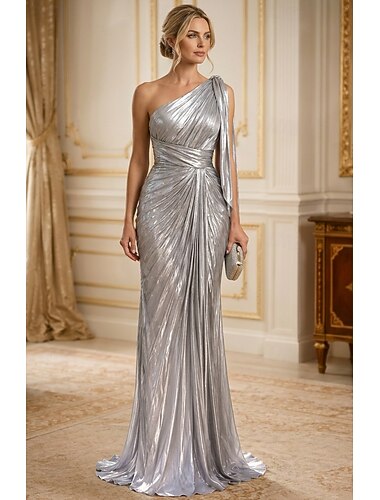  Meerjungfrauenschnitt Bodenlange Schleppe Abiballkleider Abendkleid Festliche Kleidung Elegant Party Promi-Stil Ärmellos Ein-Schulter Formell Schwarze Krawatte vereitelt Metallgewebe mit Falten