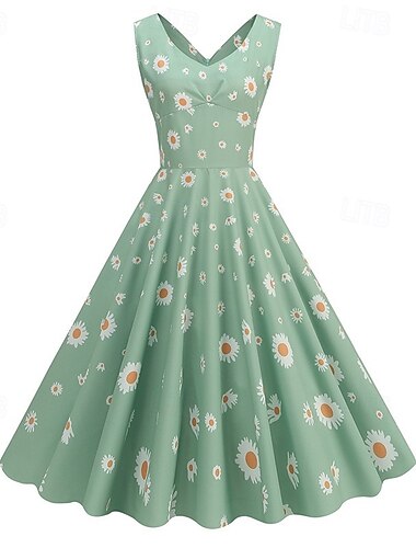  1950-tallet Retro / vintage Rockabilly Middag Swing kjole Flare kjole Ermeløs Blomstret Trang og vid passform V-hals Kostyme Dame Avslappet Vekkelse Voksne Kjole Vår sommer