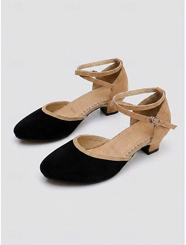  Dames zwarte vintage ballroomdansschoenen met kleurblokken - elegante pumps met lage hak en gekruiste enkelbandjes voor sociaal dansen, oefenen, lesgeven en optredens.