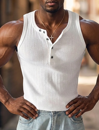  Herren Tank Top Unterhemd Ärmelloses Shirt Ärmellos Rundhalsausschnitt Henley Sommer Farbblock Grubenstreifen Mode Designer Muskel Rein Lässig Outdoor Ausgehen Schwarz Weiß Top T-Shirt für Herren