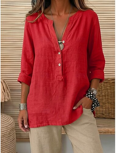  Camicie da donna 100% cotone con bottoni, tinta unita, vintage, maniche lunghe, scollo a V, top lunghi, casual, rosa chiaro, curcuma, nero, verde oliva, rosso, primavera