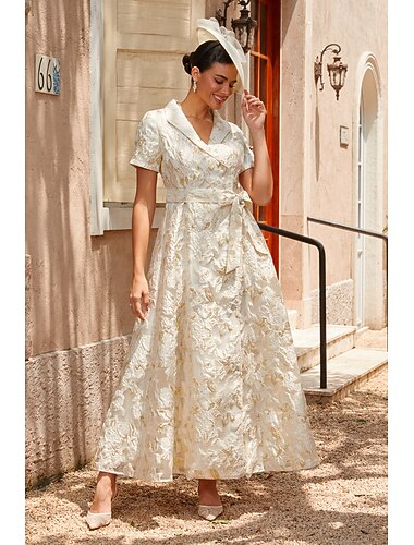  Femmes Ligne A Robe de Cocktail Robe d'invité de mariage Longueur cheville Revers Manche Courte Taille empire Élégant ancien La mère de la mariée Formel robe demoiselle d honneur avec Jacquard