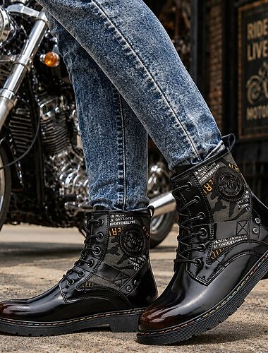  Botas de motorista de cuero repujado para hombre: botas de moda duraderas con cordones para motociclistas, eventos al aire libre, conciertos y ropa urbana informal.