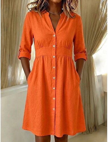  Dames Knielengte jurk Jurken van katoen en linnen Shirtjurk Elegant Vakantie Klassiek Dagelijks Kantoor Vakantie Normale pasvorm Effen Lange mouw V-hals Rood Marineblauw Oranje Zomer Lente