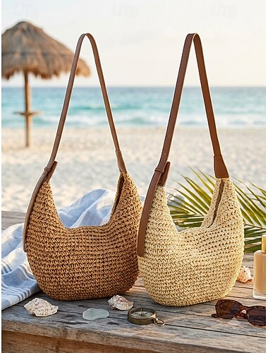  Dames geweven hobo schoudertas met grote inhoud, rieten handtas, ivoor &Khaki gehaakte draagtas, lichtgewicht zomerse strandvakantietas voor op reis, ideaal voor in het resort, om te winkelen of voor