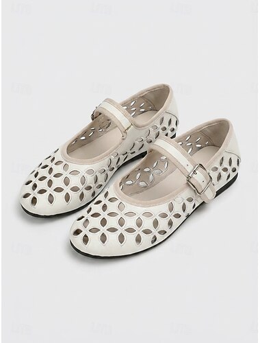  Sapatilhas Mary Jane femininas com recortes perfurados - sapatilhas de couro vazado branco creme, perfeitas para férias de verão na praia e viagens. &resort