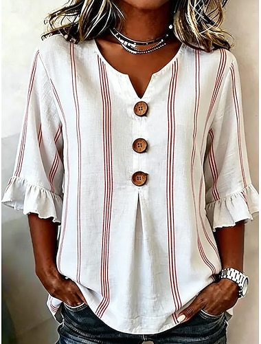  Dames Overhemd Lapwerk Knop Afdrukken Grafisch Gestreept Vintage Stijlvol 3/4 mouw V-hals Lange tops Casual Dagelijks Feestdagen blauw Wit Zomer Lente