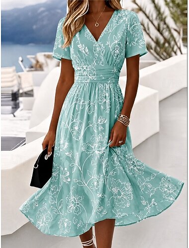  Damen Midikleid Shiftkleid Urlaub Lässig Boho Täglich Sommerkleid Frühlingskleid Normale Passform Blumen Grafik Blatt Kurzarm V Ausschnitt Blau Hellgrün Dunkelblau Sommer Frühling
